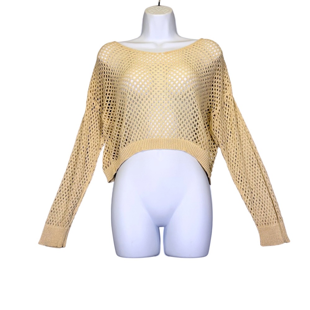 Open‎ Knit Crochet Cropped Sweater Beige L BohoChic Coastal Fishnet Mermaidcore